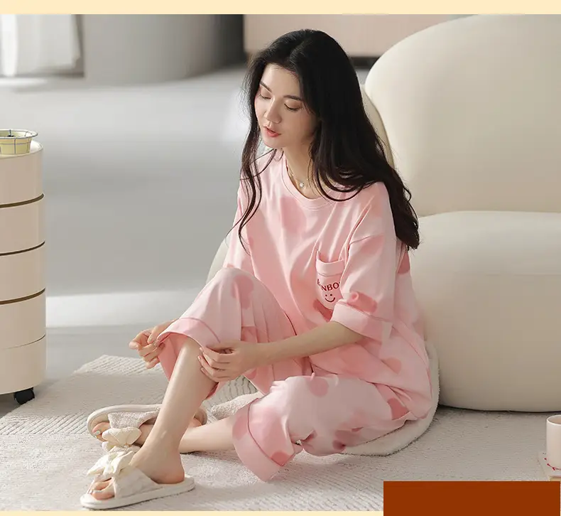 100% Cotton Pajamas Women's Spring and Summer Short-sleeved Cropped Pants Korean Style Cartoon Women's Thin Home Clothes Cotton suit — feature 11