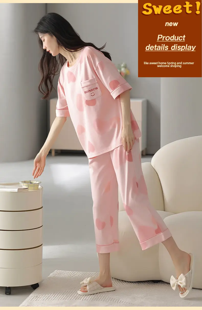 100% Cotton Pajamas Women's Spring and Summer Short-sleeved Cropped Pants Korean Style Cartoon Women's Thin Home Clothes Cotton suit — feature 12
