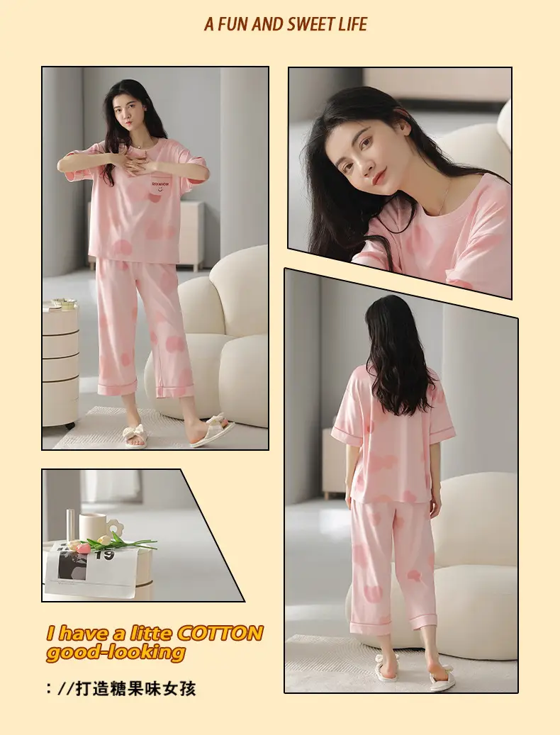100% Cotton Pajamas Women's Spring and Summer Short-sleeved Cropped Pants Korean Style Cartoon Women's Thin Home Clothes Cotton suit — feature 13