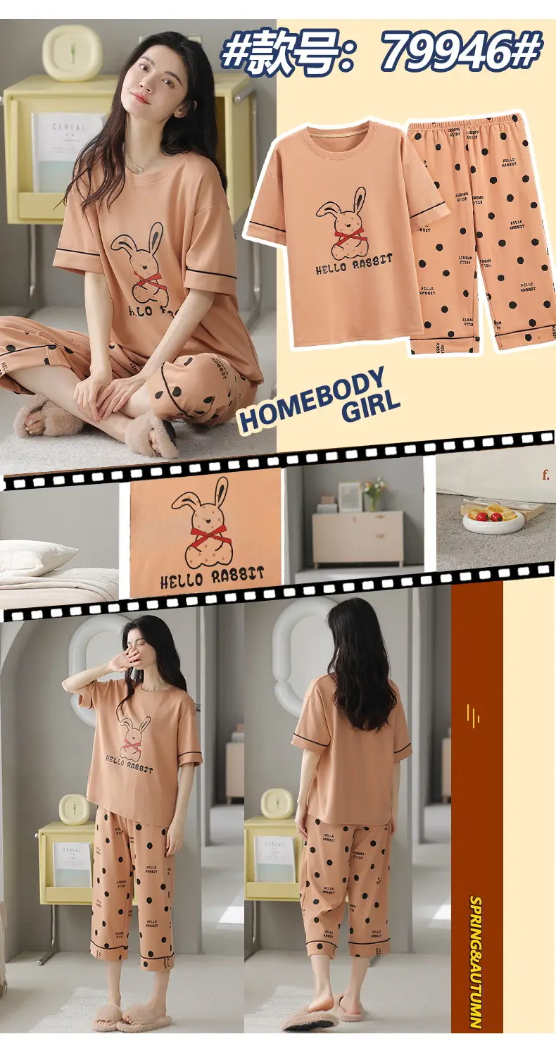 100% Cotton Pajamas Women's Spring and Summer Short-sleeved Cropped Pants Korean Style Cartoon Women's Thin Home Clothes Cotton suit — feature 14
