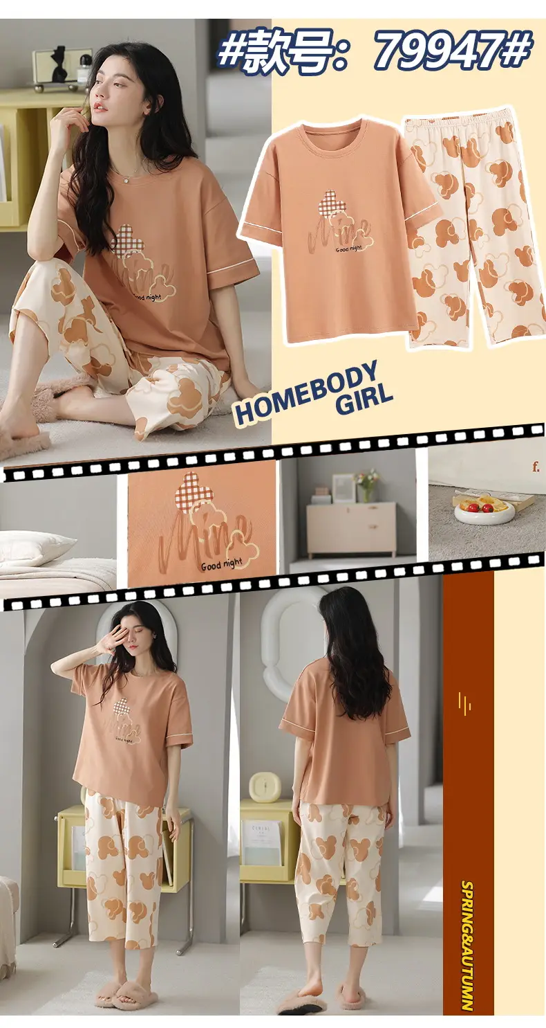 100% Cotton Pajamas Women's Spring and Summer Short-sleeved Cropped Pants Korean Style Cartoon Women's Thin Home Clothes Cotton suit — feature 15