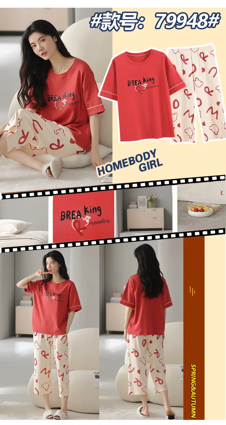 100% Cotton Pajamas Women's Spring and Summer Short-sleeved Cropped Pants Korean Style Cartoon Women's Thin Home Clothes Cotton suit — feature 16