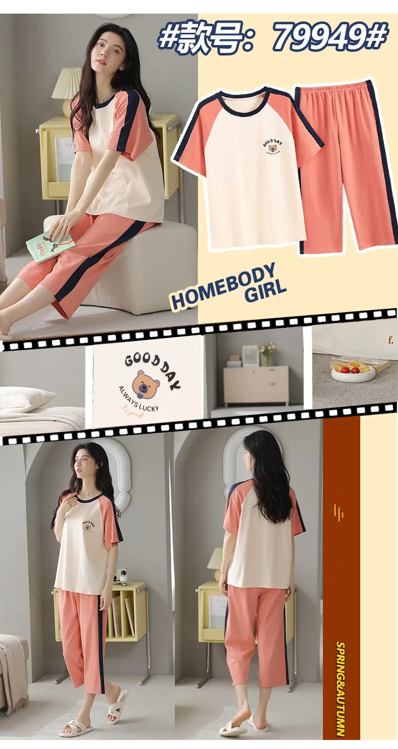 100% Cotton Pajamas Women's Spring and Summer Short-sleeved Cropped Pants Korean Style Cartoon Women's Thin Home Clothes Cotton suit — feature 17