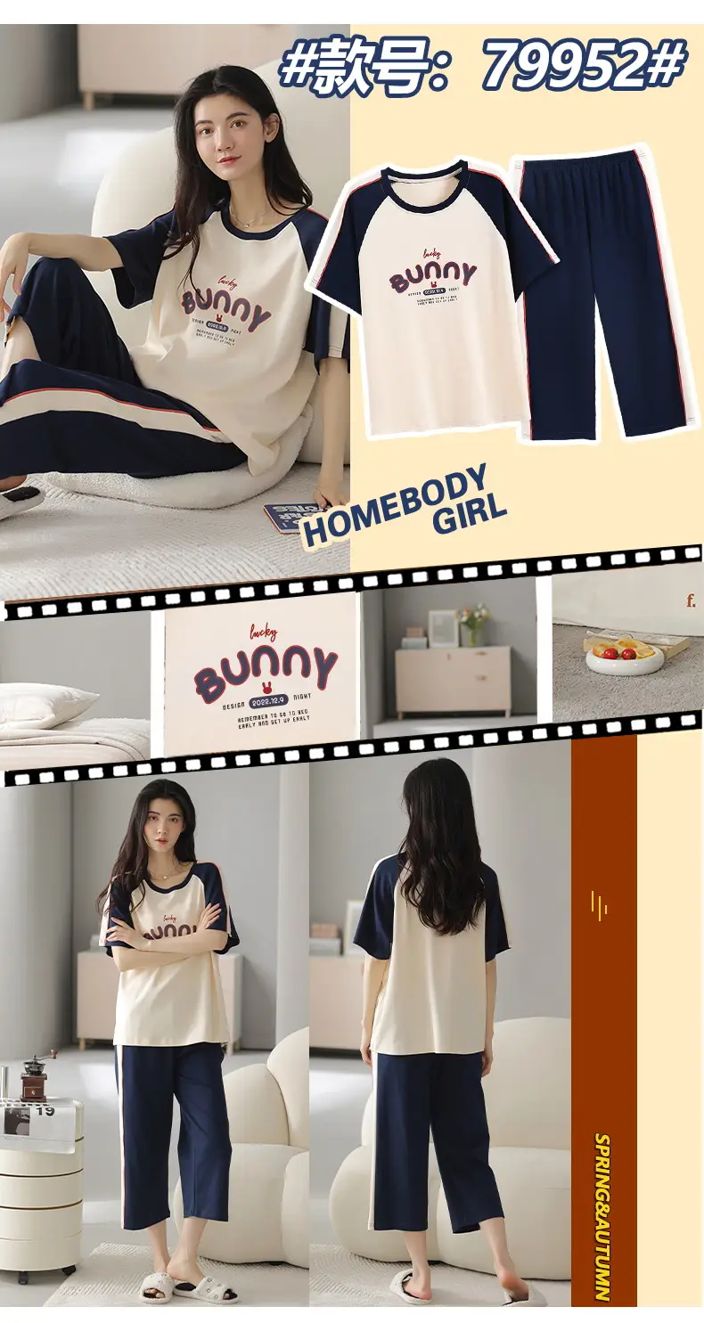 100% Cotton Pajamas Women's Spring and Summer Short-sleeved Cropped Pants Korean Style Cartoon Women's Thin Home Clothes Cotton suit — feature 18
