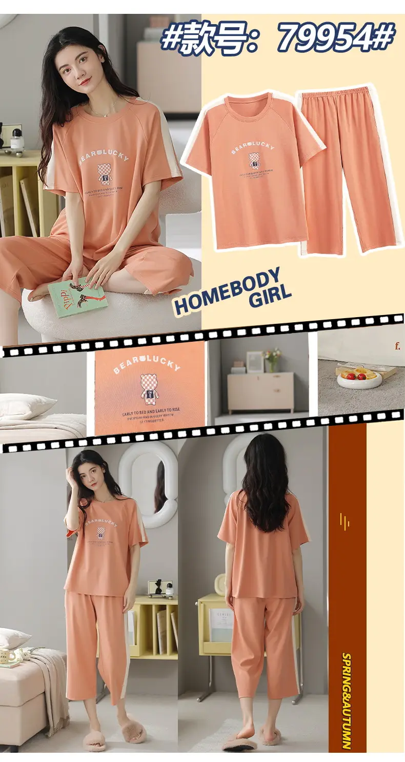 100% Cotton Pajamas Women's Spring and Summer Short-sleeved Cropped Pants Korean Style Cartoon Women's Thin Home Clothes Cotton suit — feature 19