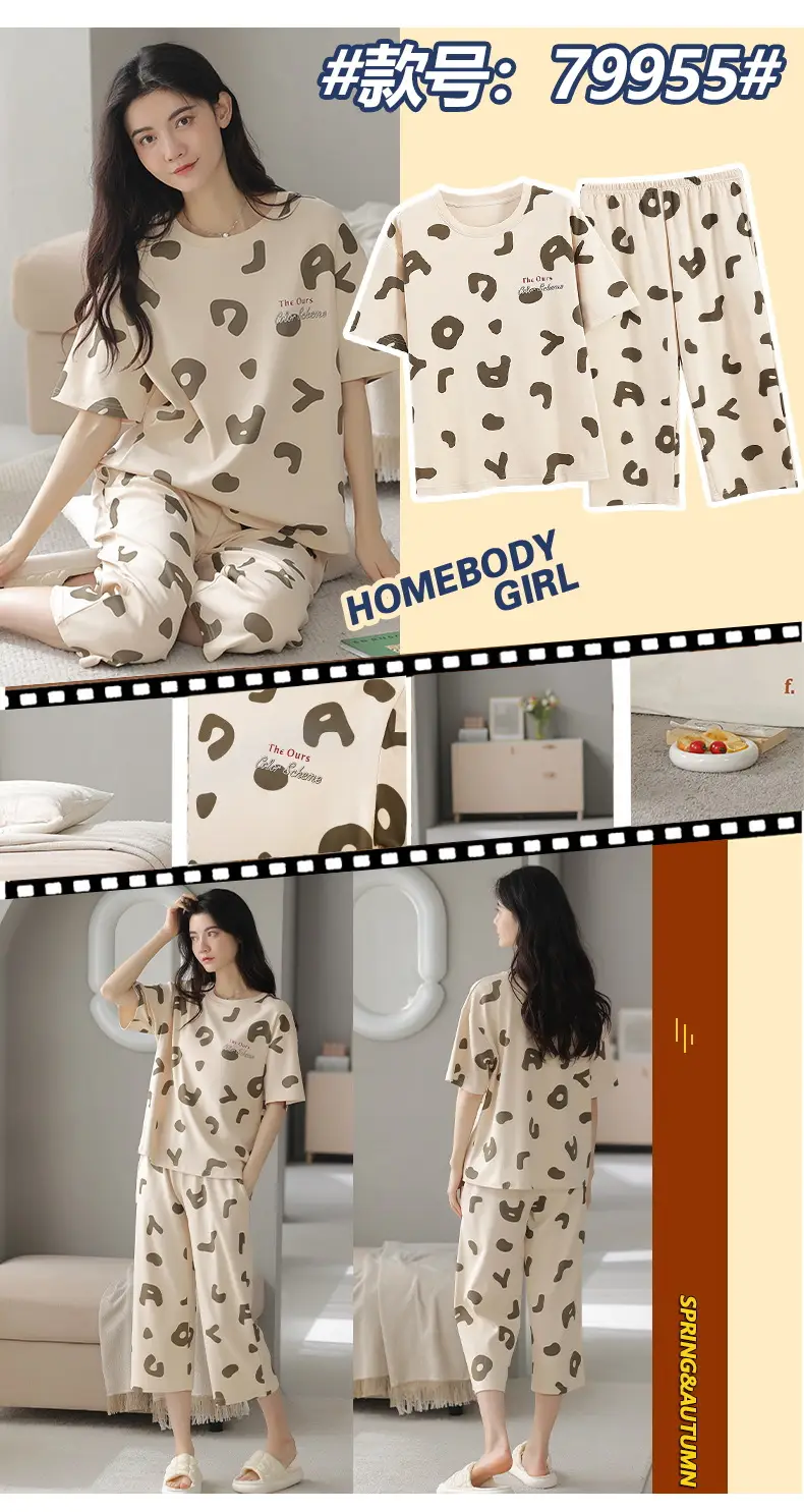 100% Cotton Pajamas Women's Spring and Summer Short-sleeved Cropped Pants Korean Style Cartoon Women's Thin Home Clothes Cotton suit — feature 20