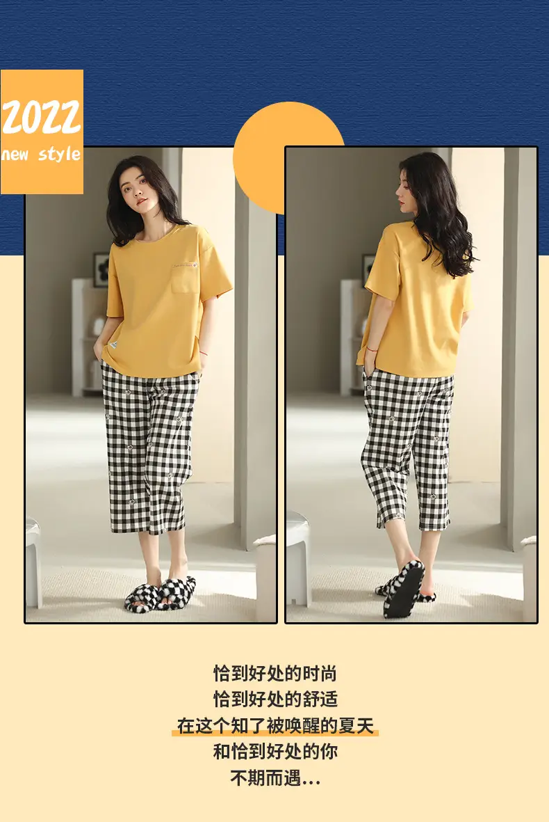 100% Cotton Pajamas Women's Spring and Summer Short-sleeved Cropped Pants Korean Style Cartoon Women's Thin Home Clothes Cotton suit — feature 21