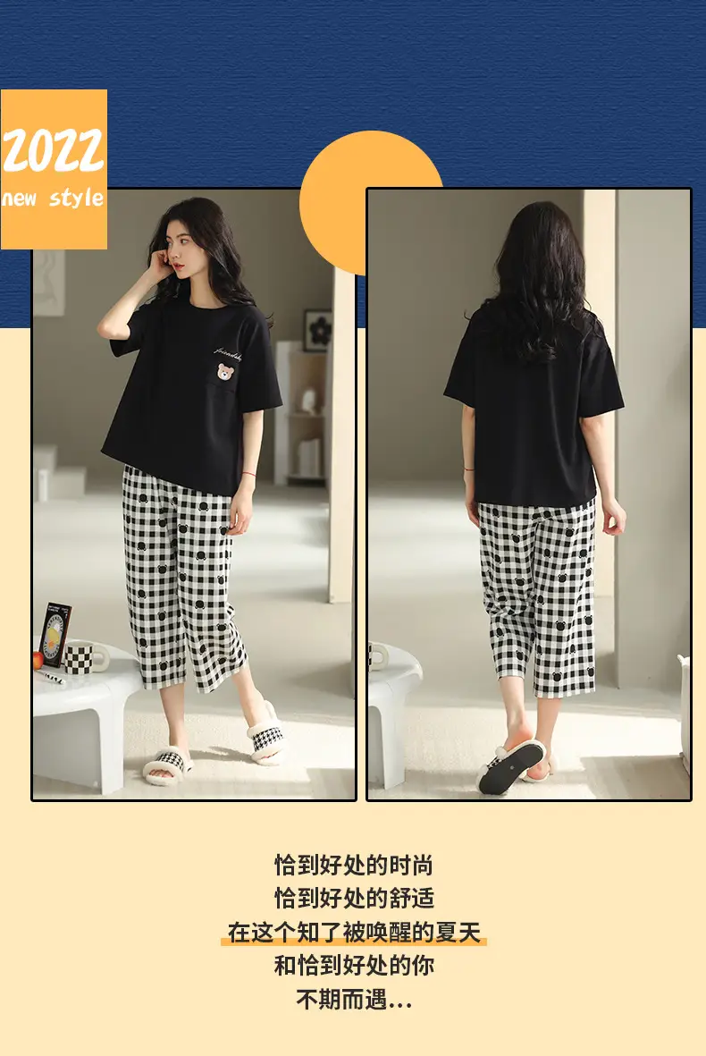 100% Cotton Pajamas Women's Spring and Summer Short-sleeved Cropped Pants Korean Style Cartoon Women's Thin Home Clothes Cotton suit — feature 23