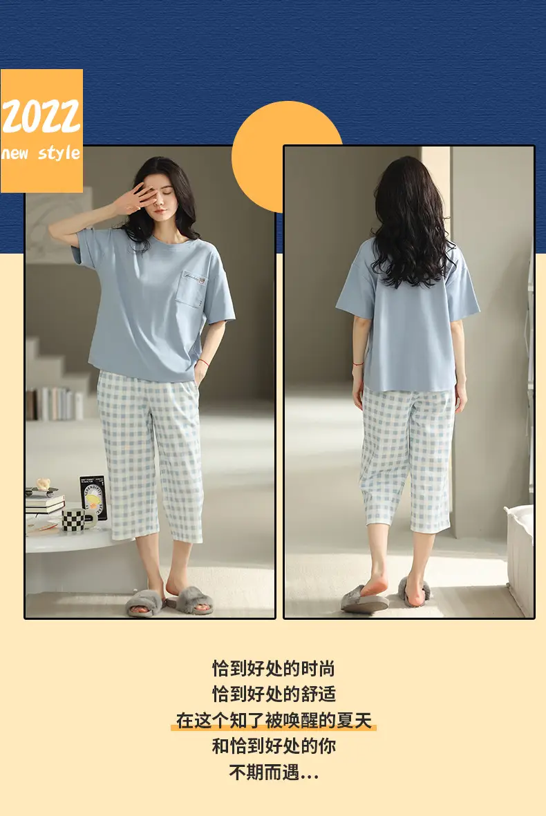 100% Cotton Pajamas Women's Spring and Summer Short-sleeved Cropped Pants Korean Style Cartoon Women's Thin Home Clothes Cotton suit — feature 24