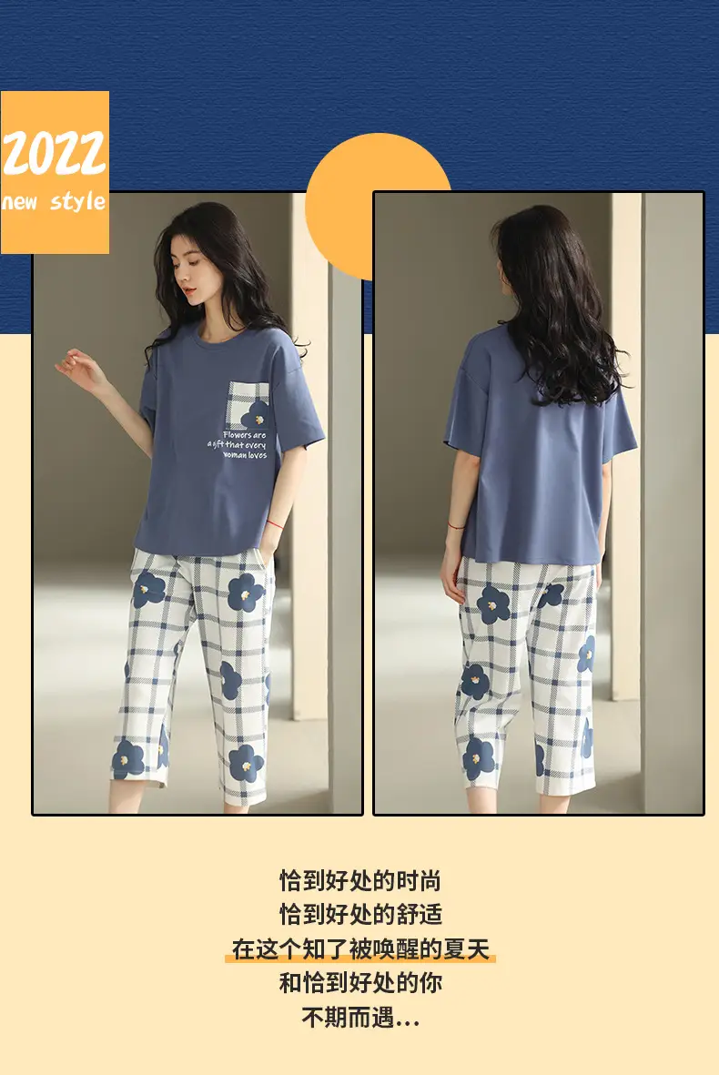 100% Cotton Pajamas Women's Spring and Summer Short-sleeved Cropped Pants Korean Style Cartoon Women's Thin Home Clothes Cotton suit — feature 27