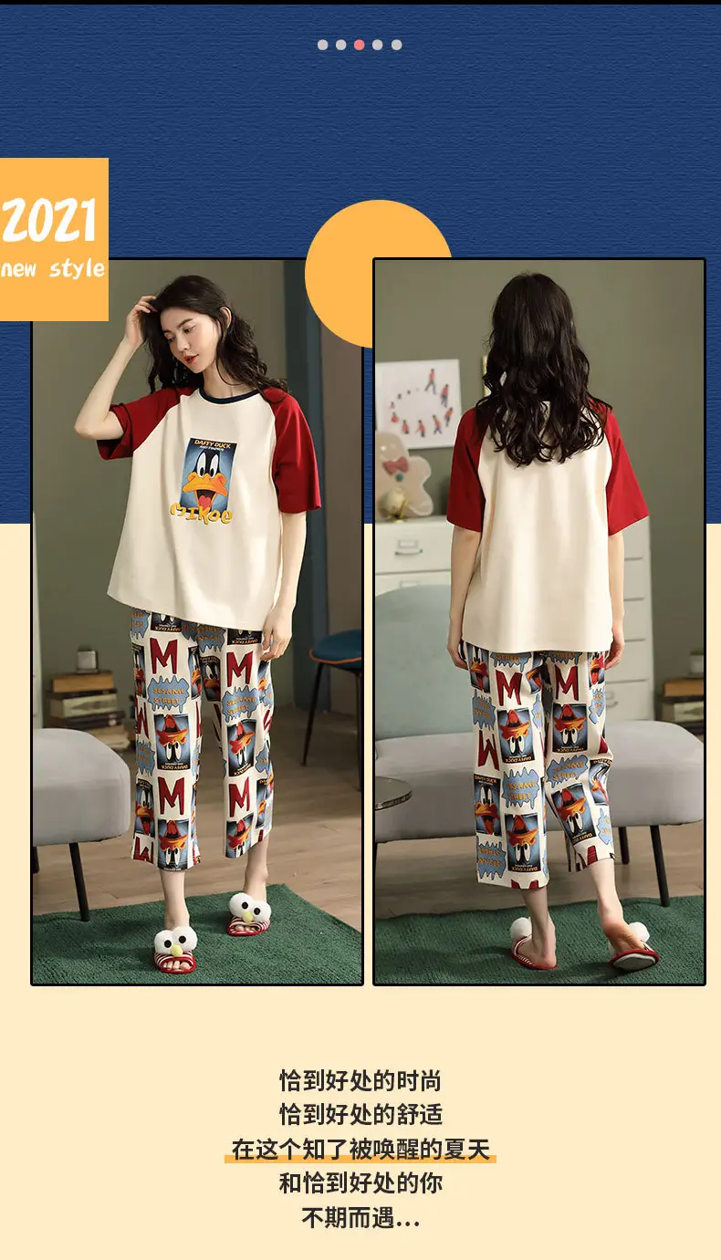 100% Cotton Pajamas Women's Spring and Summer Short-sleeved Cropped Pants Korean Style Cartoon Women's Thin Home Clothes Cotton suit — feature 28