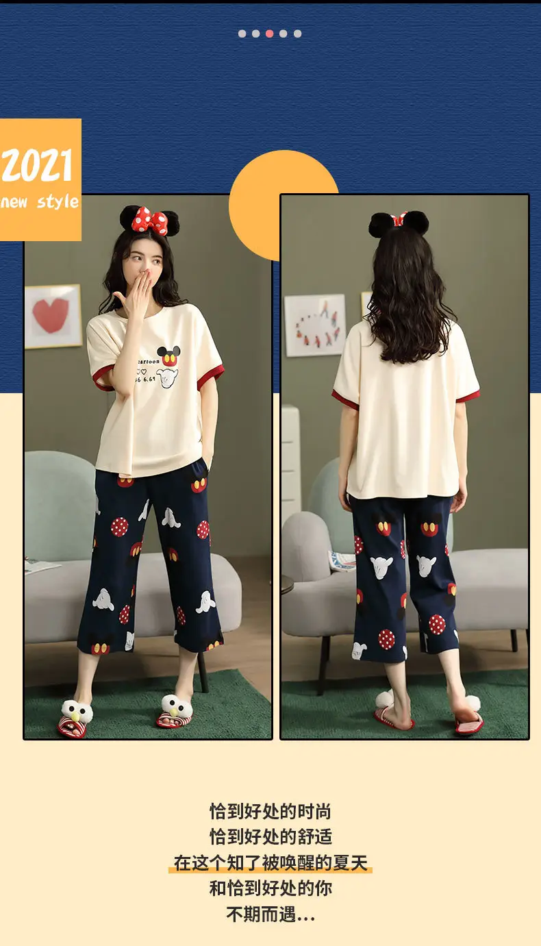 100% Cotton Pajamas Women's Spring and Summer Short-sleeved Cropped Pants Korean Style Cartoon Women's Thin Home Clothes Cotton suit — feature 29