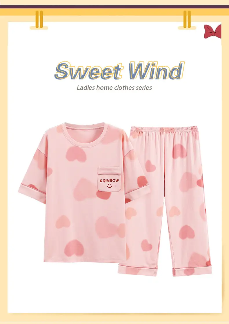 100% Cotton Pajamas Women's Spring and Summer Short-sleeved Cropped Pants Korean Style Cartoon Women's Thin Home Clothes Cotton suit — feature 4