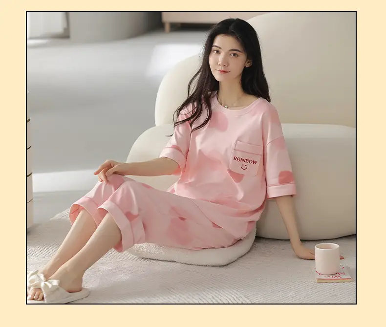100% Cotton Pajamas Women's Spring and Summer Short-sleeved Cropped Pants Korean Style Cartoon Women's Thin Home Clothes Cotton suit — feature 7