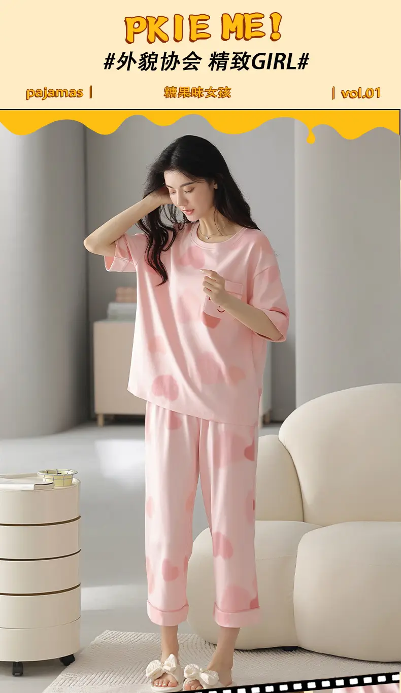 100% Cotton Pajamas Women's Spring and Summer Short-sleeved Cropped Pants Korean Style Cartoon Women's Thin Home Clothes Cotton suit — feature 8