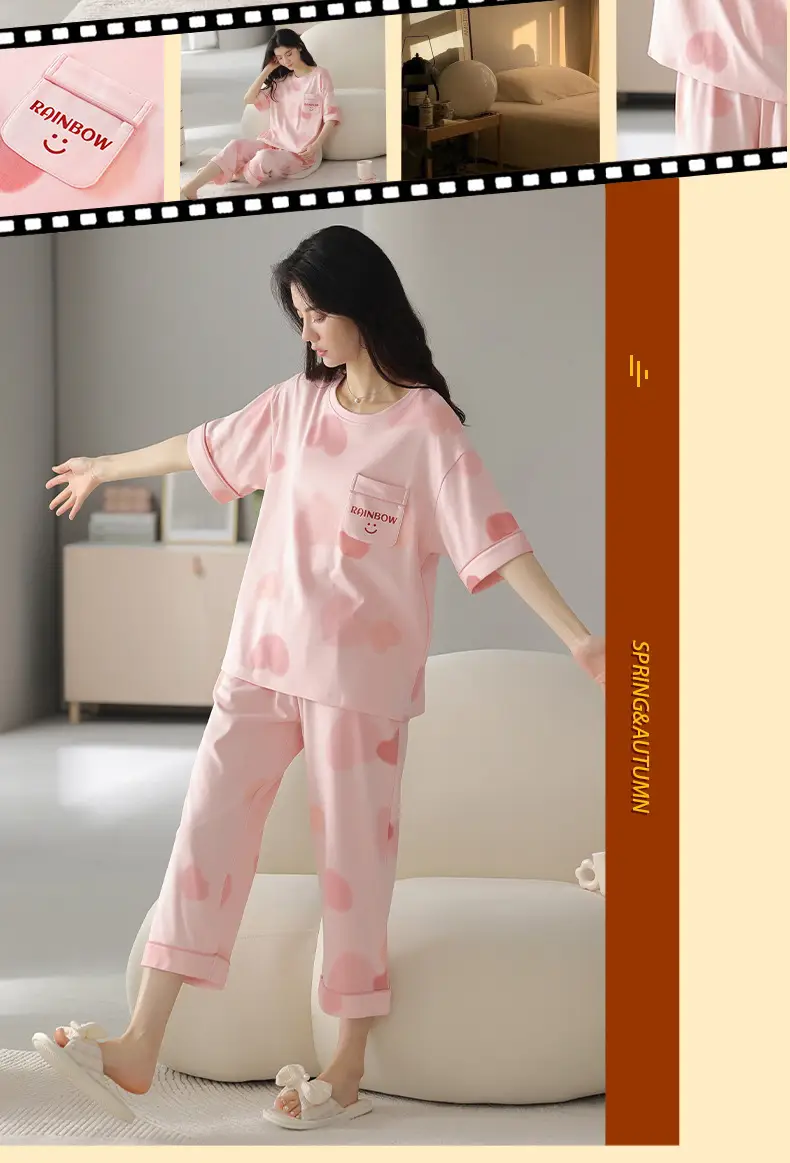 100% Cotton Pajamas Women's Spring and Summer Short-sleeved Cropped Pants Korean Style Cartoon Women's Thin Home Clothes Cotton suit — feature 9