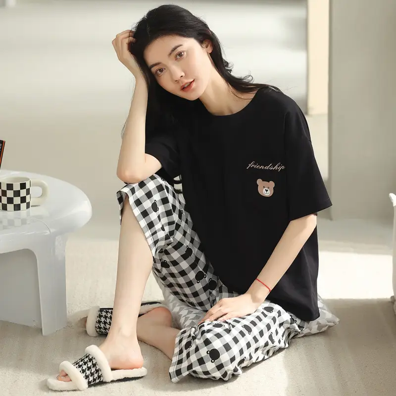 100% Cotton Pajamas Women's Spring and Summer Short-sleeved Cropped Pants Korean Style Cartoon Women's Thin Home Clothes Cotton suit
