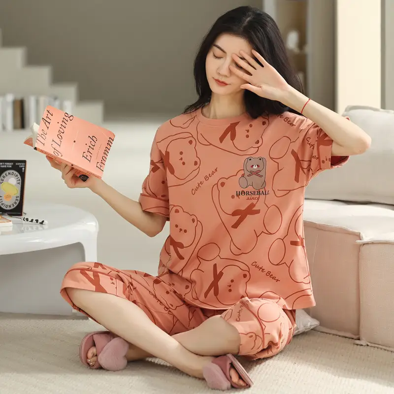 100% Cotton Pajamas Women's Spring and Summer Short-sleeved Cropped Pants Korean Style Cartoon Women's Thin Home Clothes Cotton suit