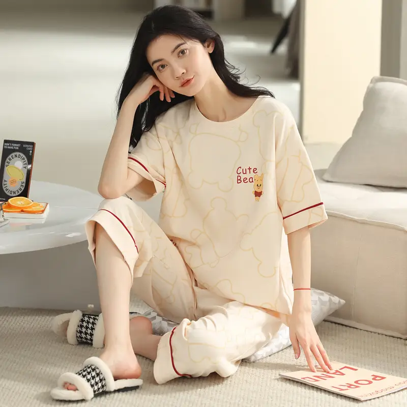100% Cotton Pajamas Women's Spring and Summer Short-sleeved Cropped Pants Korean Style Cartoon Women's Thin Home Clothes Cotton suit