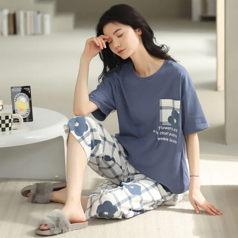 100% Cotton Pajamas Women's Spring and Summer Short-sleeved Cropped Pants Korean Style Cartoon Women's Thin Home Clothes Cotton suit