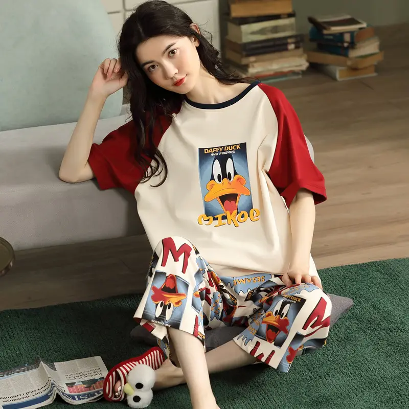100% Cotton Pajamas Women's Spring and Summer Short-sleeved Cropped Pants Korean Style Cartoon Women's Thin Home Clothes Cotton suit