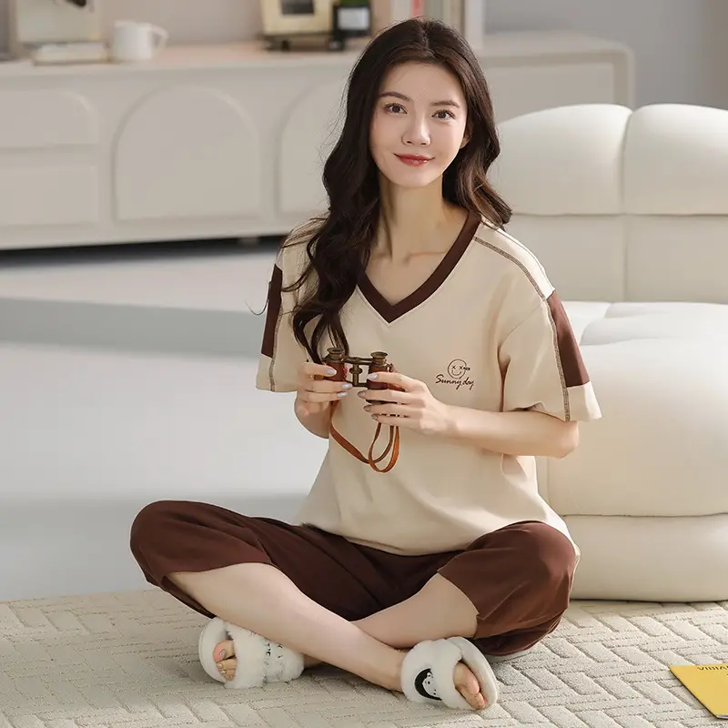 100% Cotton Pajamas Women's Spring and Summer Short-sleeved Cropped Pants Korean Style Cartoon Women's Thin Home Clothes Cotton suit