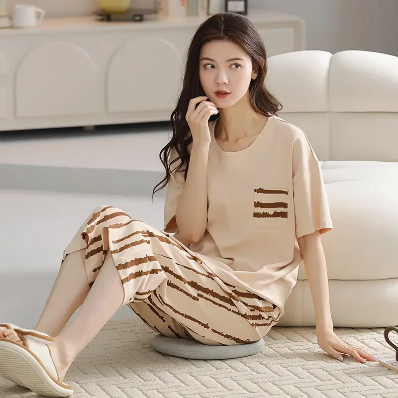 100% Cotton Pajamas Women's Spring and Summer Short-sleeved Cropped Pants Korean Style Cartoon Women's Thin Home Clothes Cotton suit