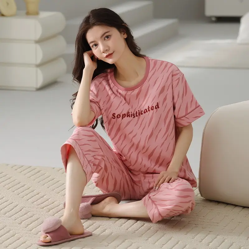 100% Cotton Pajamas Women's Spring and Summer Short-sleeved Cropped Pants Korean Style Cartoon Women's Thin Home Clothes Cotton suit