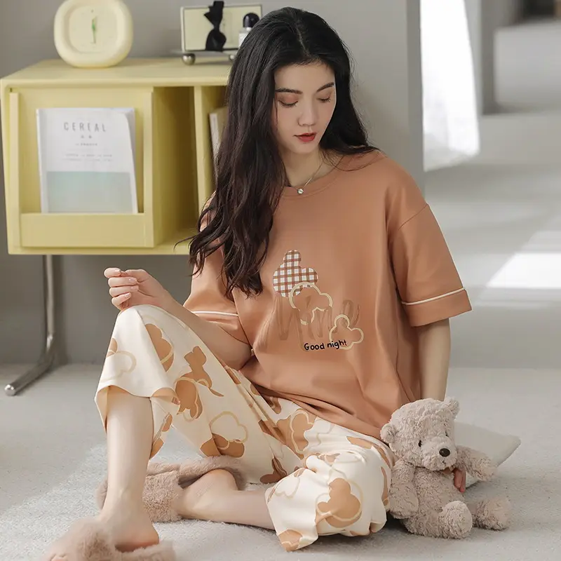 100% Cotton Pajamas Women's Spring and Summer Short-sleeved Cropped Pants Korean Style Cartoon Women's Thin Home Clothes Cotton suit
