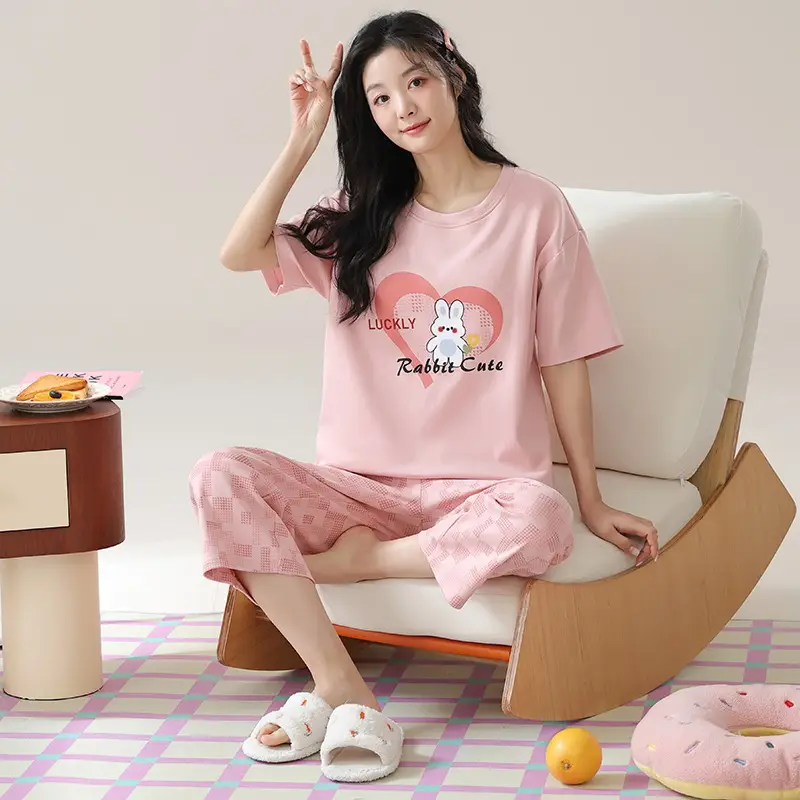 100% Cotton Pajamas Women's Spring and Summer Short-sleeved Cropped Pants Korean Style Cartoon Women's Thin Home Clothes Cotton suit