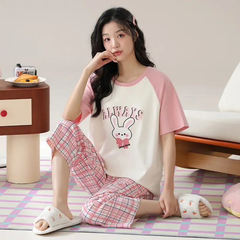 100% Cotton Pajamas Women's Spring and Summer Short-sleeved Cropped Pants Korean Style Cartoon Women's Thin Home Clothes Cotton suit