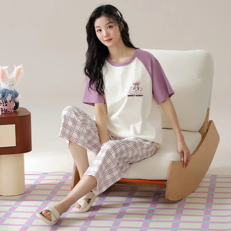 100% Cotton Pajamas Women's Spring and Summer Short-sleeved Cropped Pants Korean Style Cartoon Women's Thin Home Clothes Cotton suit