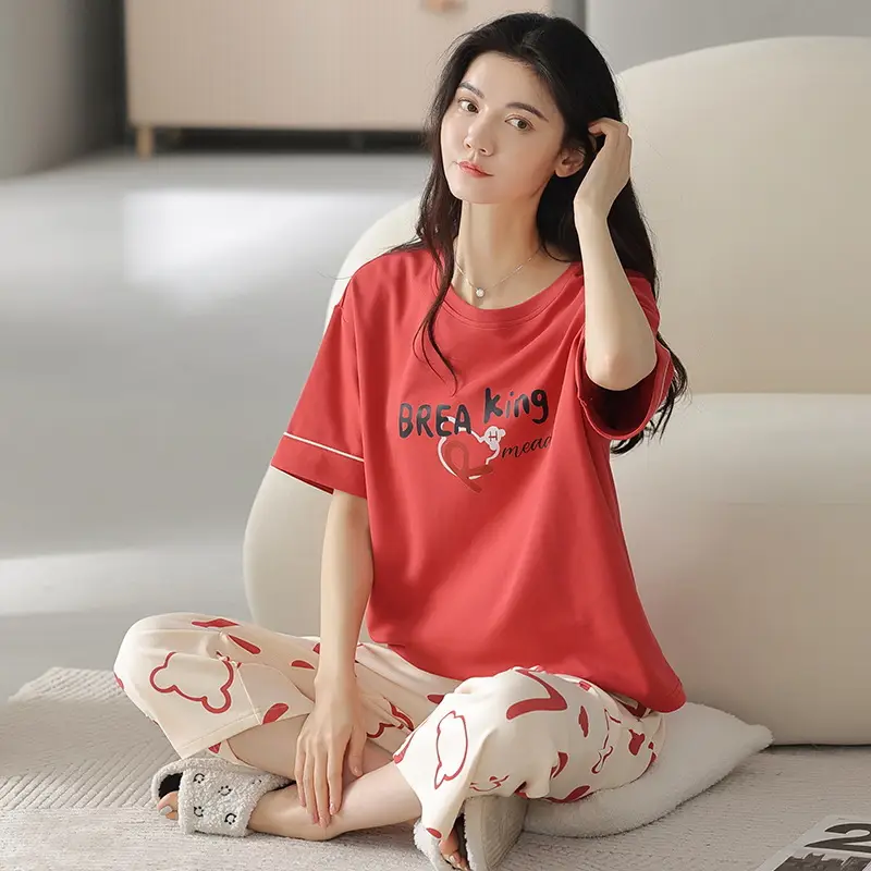 100% Cotton Pajamas Women's Spring and Summer Short-sleeved Cropped Pants Korean Style Cartoon Women's Thin Home Clothes Cotton suit