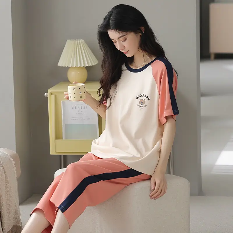 100% Cotton Pajamas Women's Spring and Summer Short-sleeved Cropped Pants Korean Style Cartoon Women's Thin Home Clothes Cotton suit