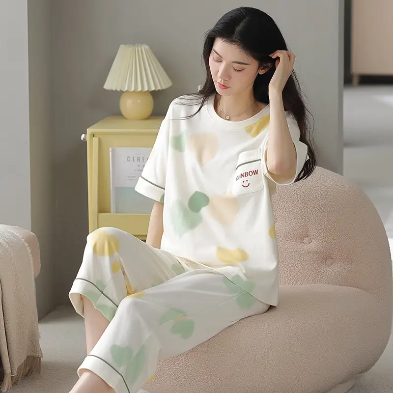 100% Cotton Pajamas Women's Spring and Summer Short-sleeved Cropped Pants Korean Style Cartoon Women's Thin Home Clothes Cotton suit