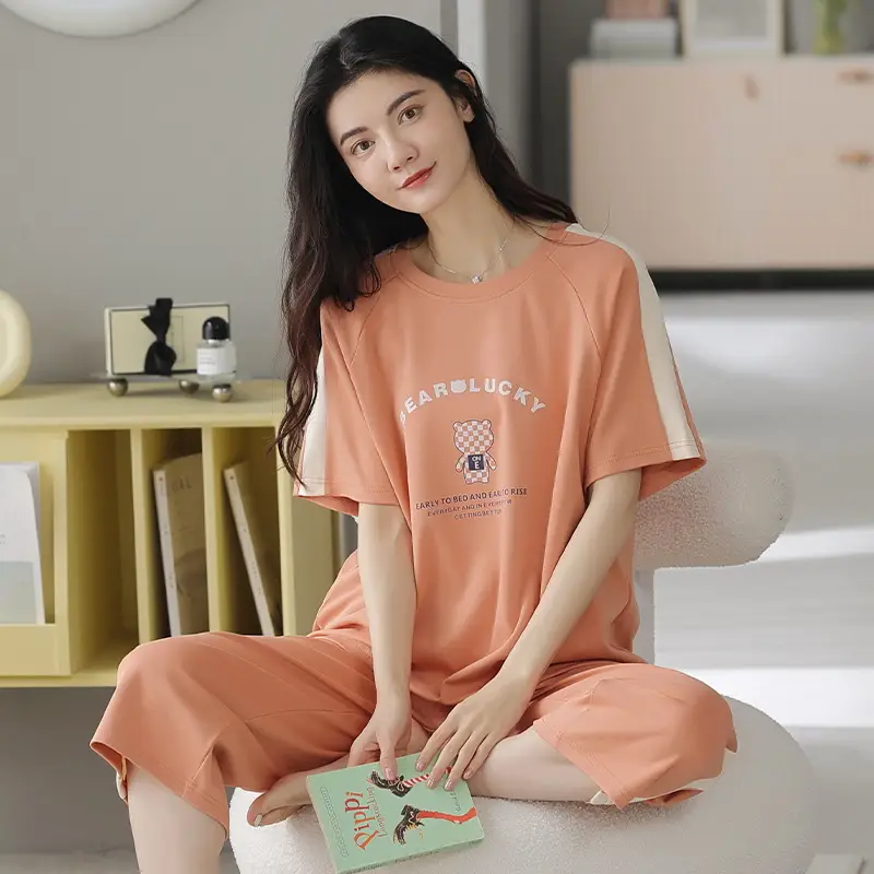 100% Cotton Pajamas Women's Spring and Summer Short-sleeved Cropped Pants Korean Style Cartoon Women's Thin Home Clothes Cotton suit