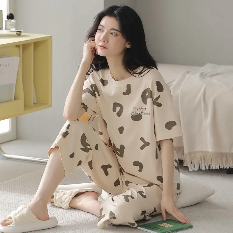 100% Cotton Pajamas Women's Spring and Summer Short-sleeved Cropped Pants Korean Style Cartoon Women's Thin Home Clothes Cotton suit