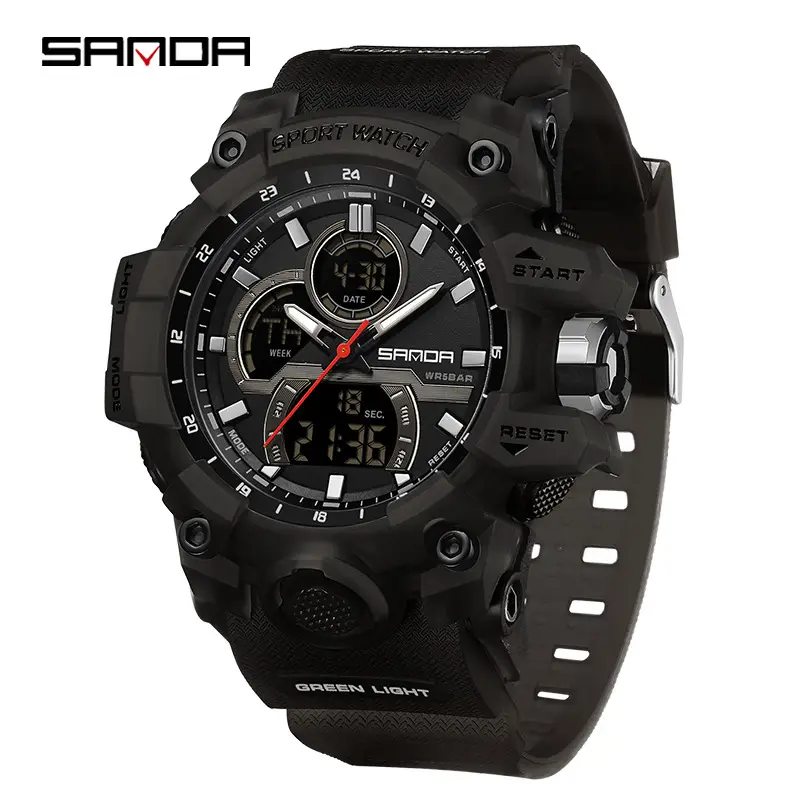 Sanda Black Sport Watch with Blue Strap & Digital Display