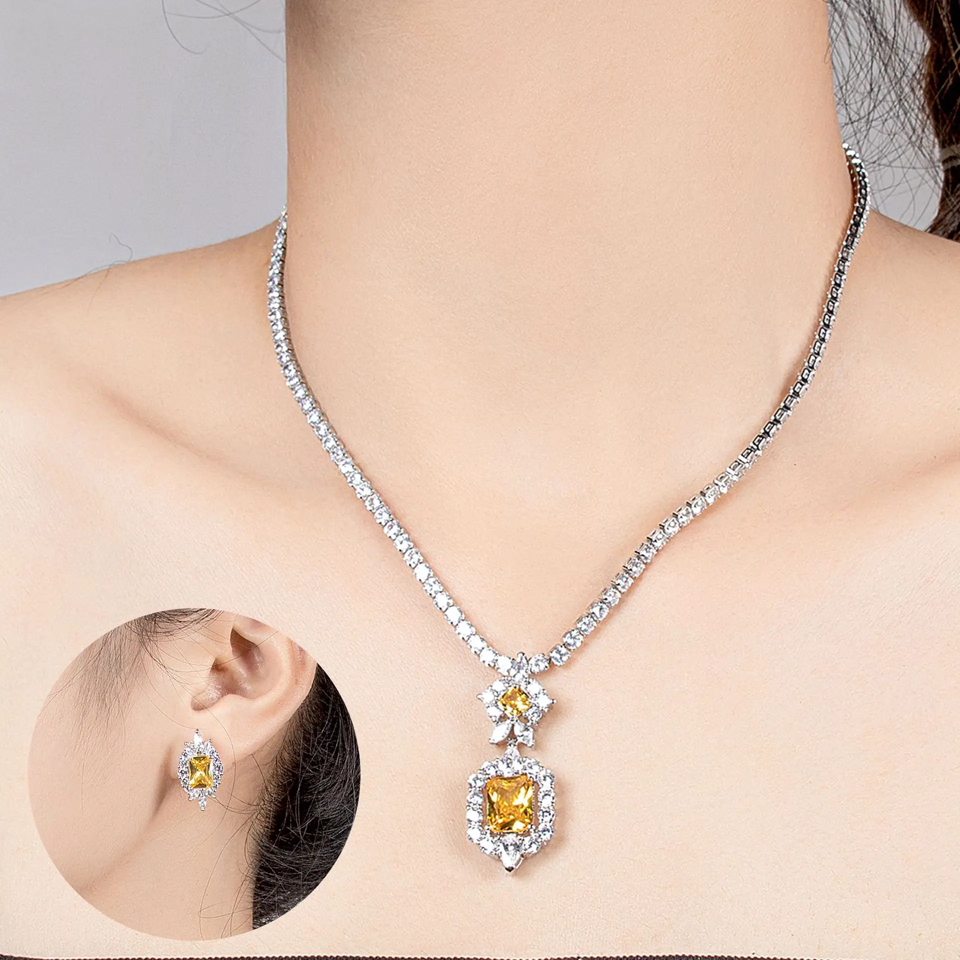 Star Love Bridal Zircon Necklace Set Gold Silver