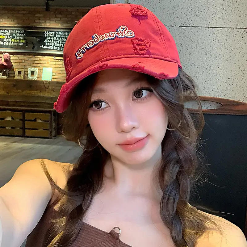 Red Letter Embroidered Hole Baseball Cap Women's 2025 Spring New Increase Deepened Cap Big Head Wai Hat - Image 7