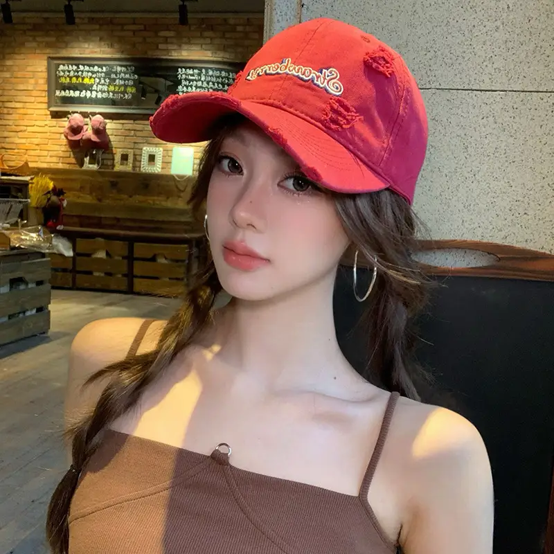 Red Letter Embroidered Hole Baseball Cap Women's 2025 Spring New Increase Deepened Cap Big Head Wai Hat - Image 9
