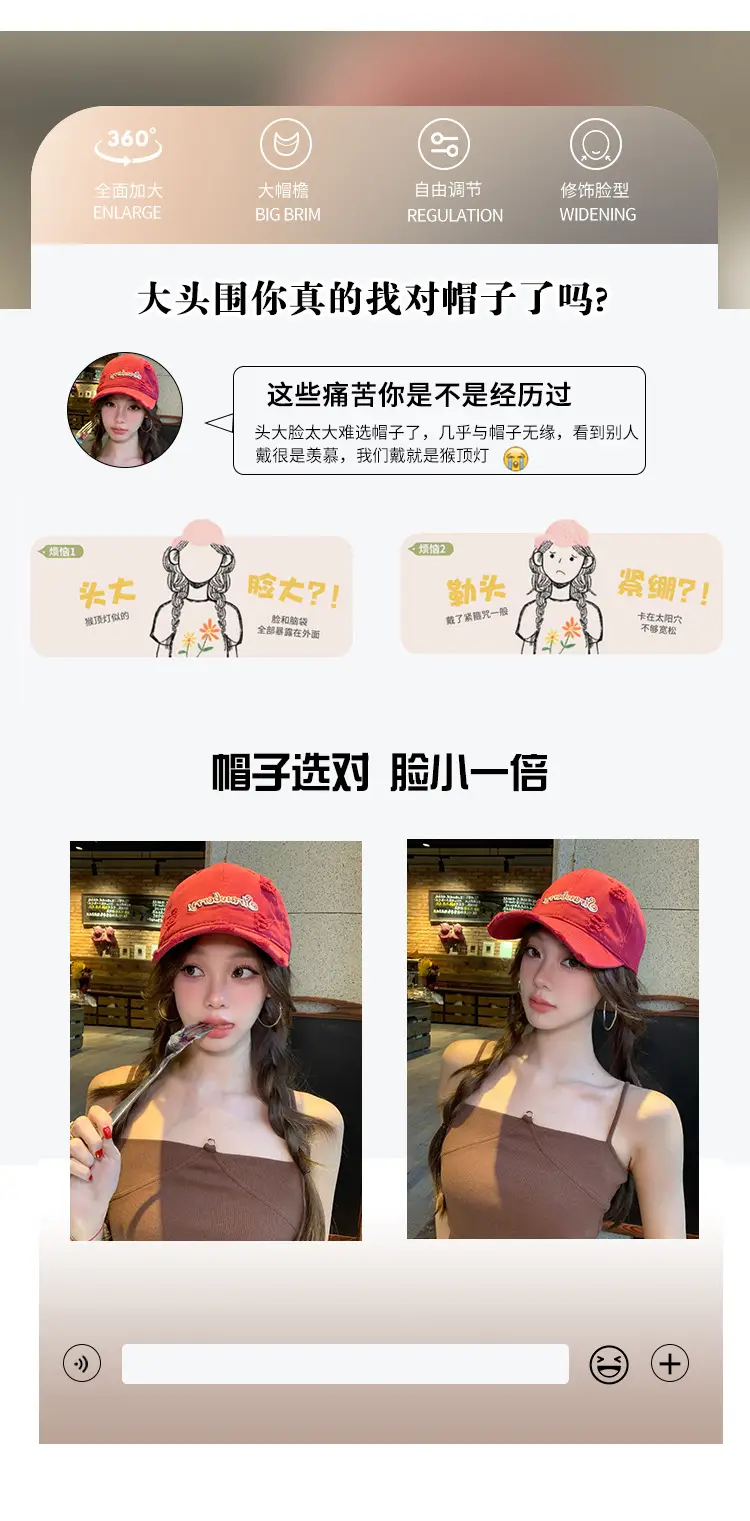 Red Letter Embroidered Hole Baseball Cap Women's 2025 Spring New Increase Deepened Cap Big Head Wai Hat — feature 3