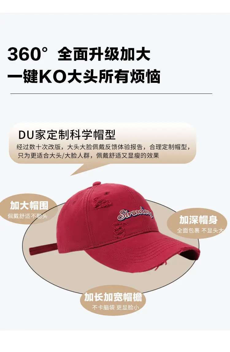 Red Letter Embroidered Hole Baseball Cap Women's 2025 Spring New Increase Deepened Cap Big Head Wai Hat — feature 5