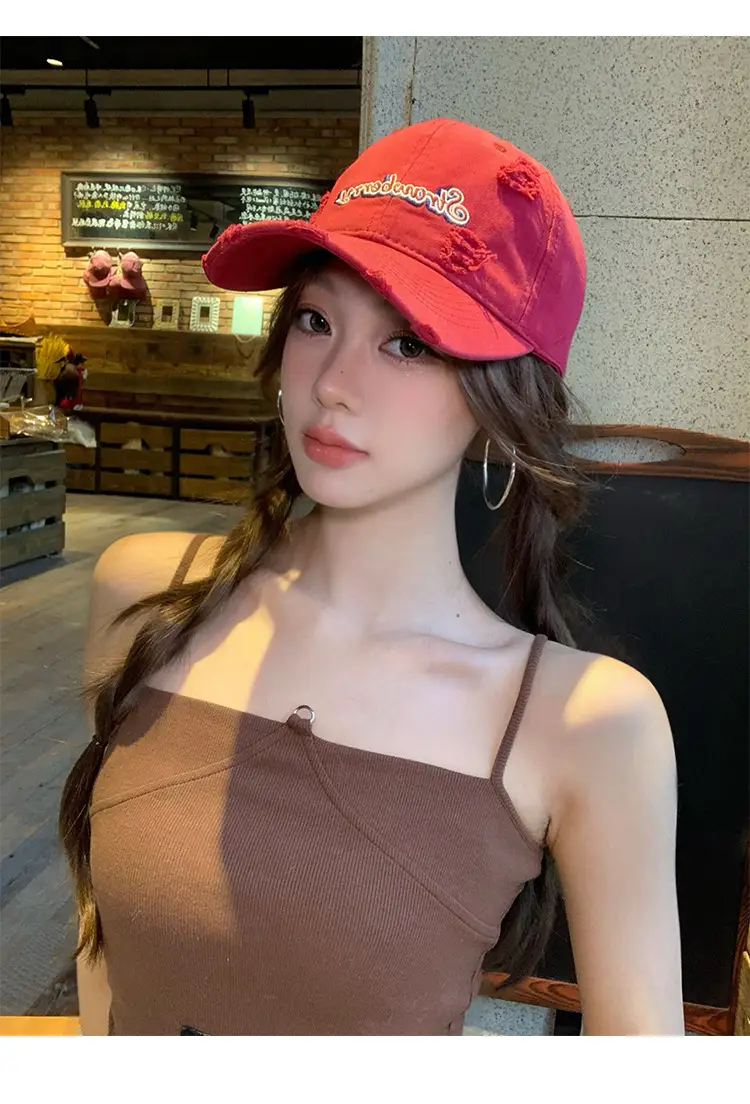 Red Letter Embroidered Hole Baseball Cap Women's 2025 Spring New Increase Deepened Cap Big Head Wai Hat — feature 9