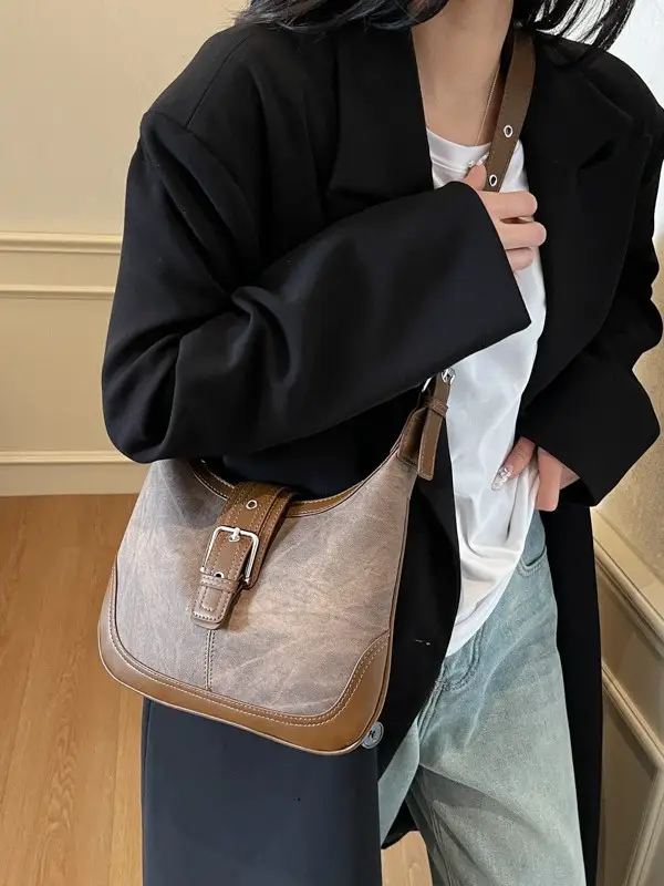 Women's Large Capacity Shoulder Crossbody Bag Korean Style Brown Grey - Image 6
