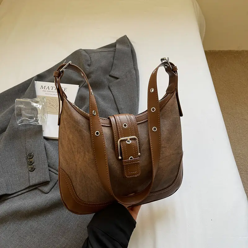 Women's Large Capacity Shoulder Crossbody Bag Korean Style Brown Grey - Image 2