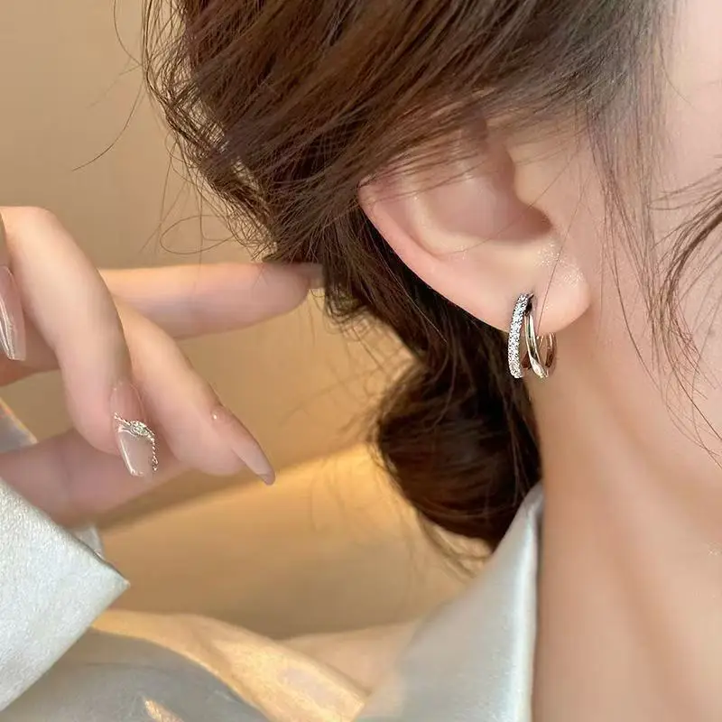 Double Circle Zircon Earrings Silver Elegant Luxury - Image 4