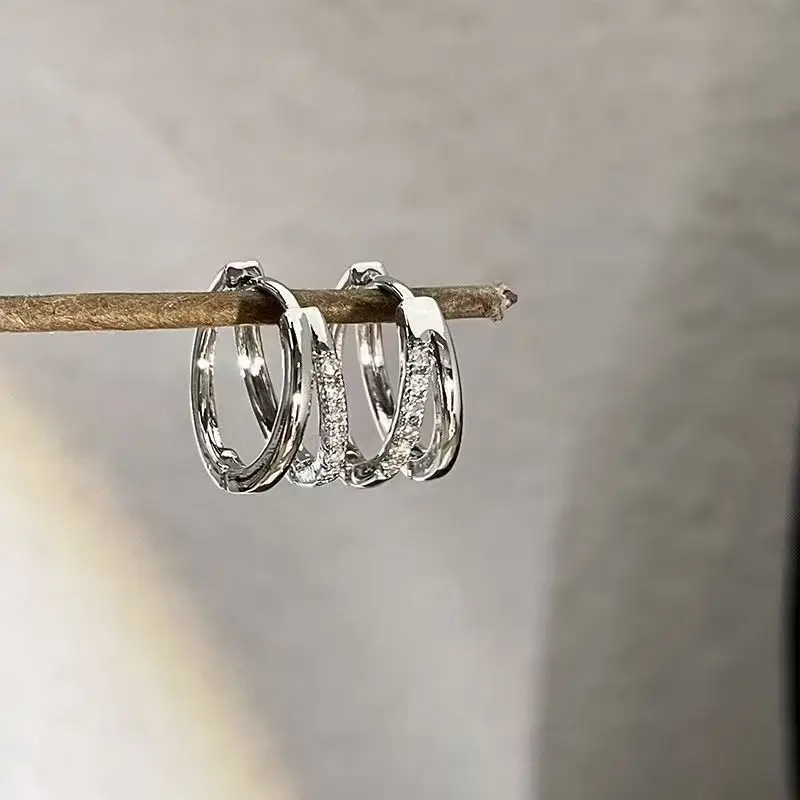 Double Circle Zircon Earrings Silver Elegant Luxury - Image 5