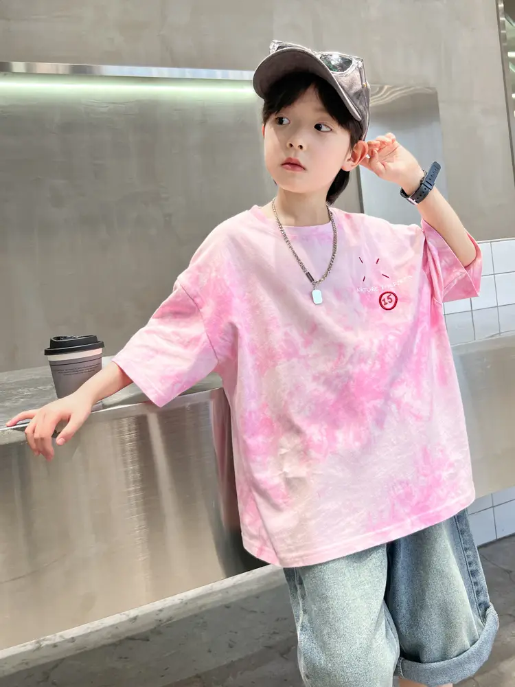 Girls Pink Tie-Dye Summer T-Shirt with Star Print - Image 5
