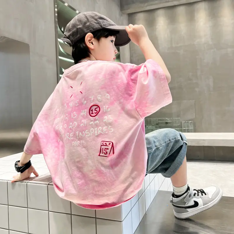 Girls Pink Tie-Dye Summer T-Shirt with Star Print - Image 2